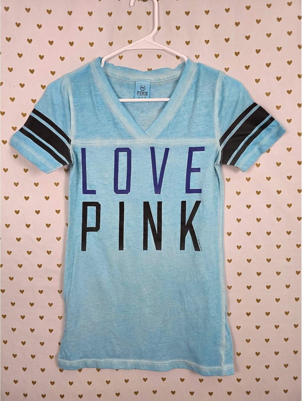 Victorias Secret PINK Vintage V neck Blue Love Tee shirt Burnout XS